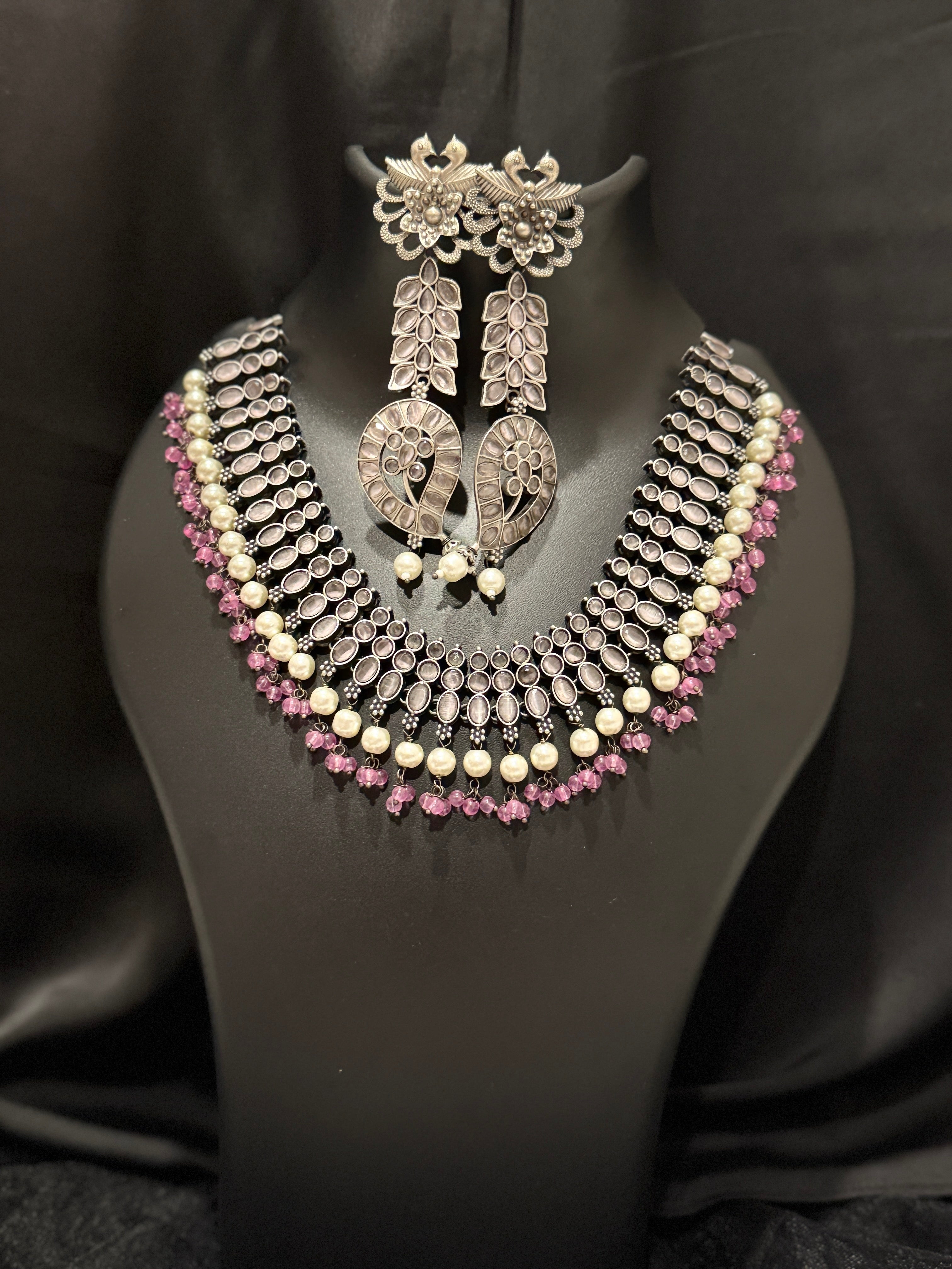 Antique Silver Kundan Pearl Necklace Set