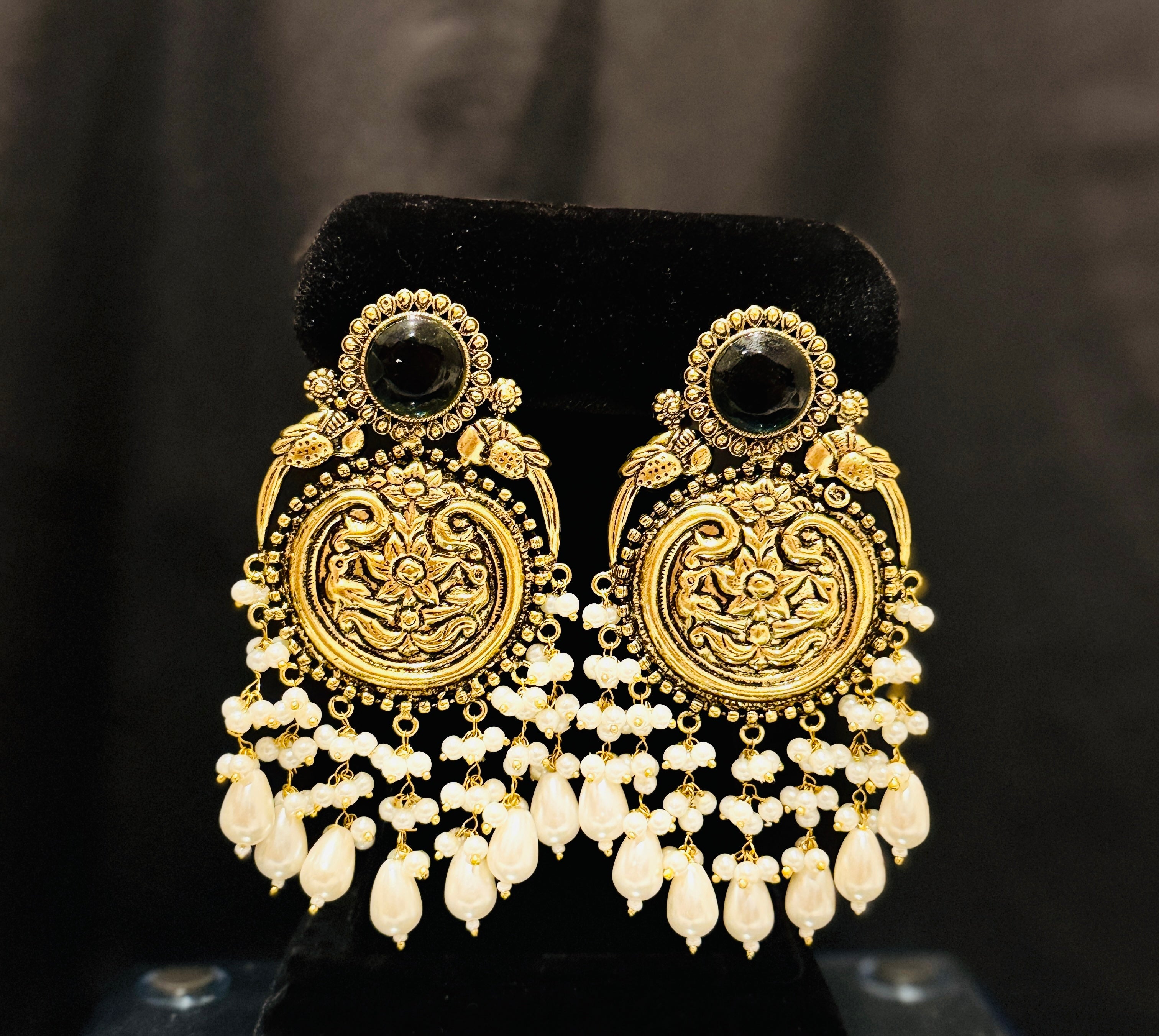 Antique Gold Pearl Drop Chandbali Earrings