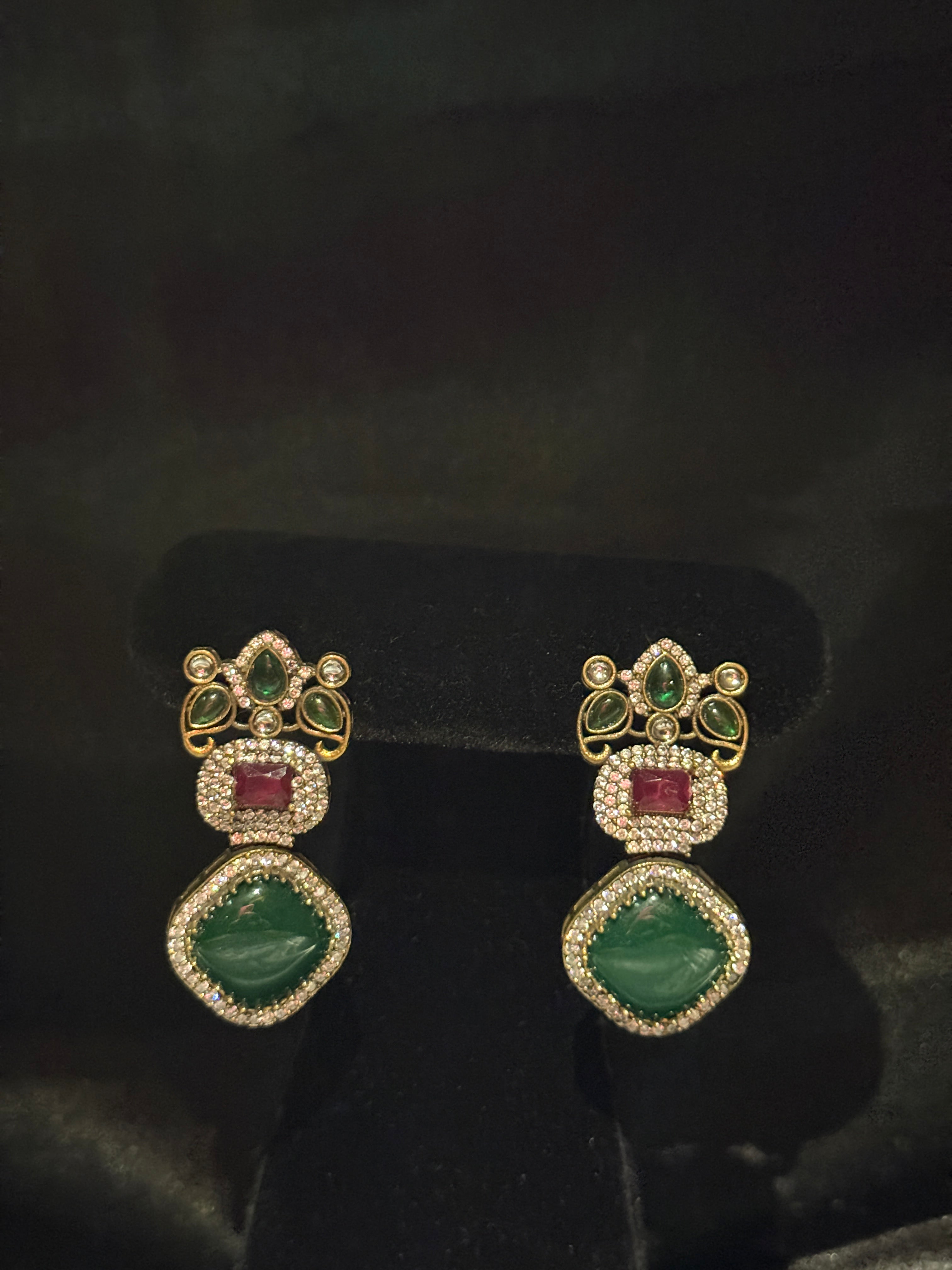 Emerald & Ruby Stone Earrings with Moissanite Accents – Statement Luxury Studs