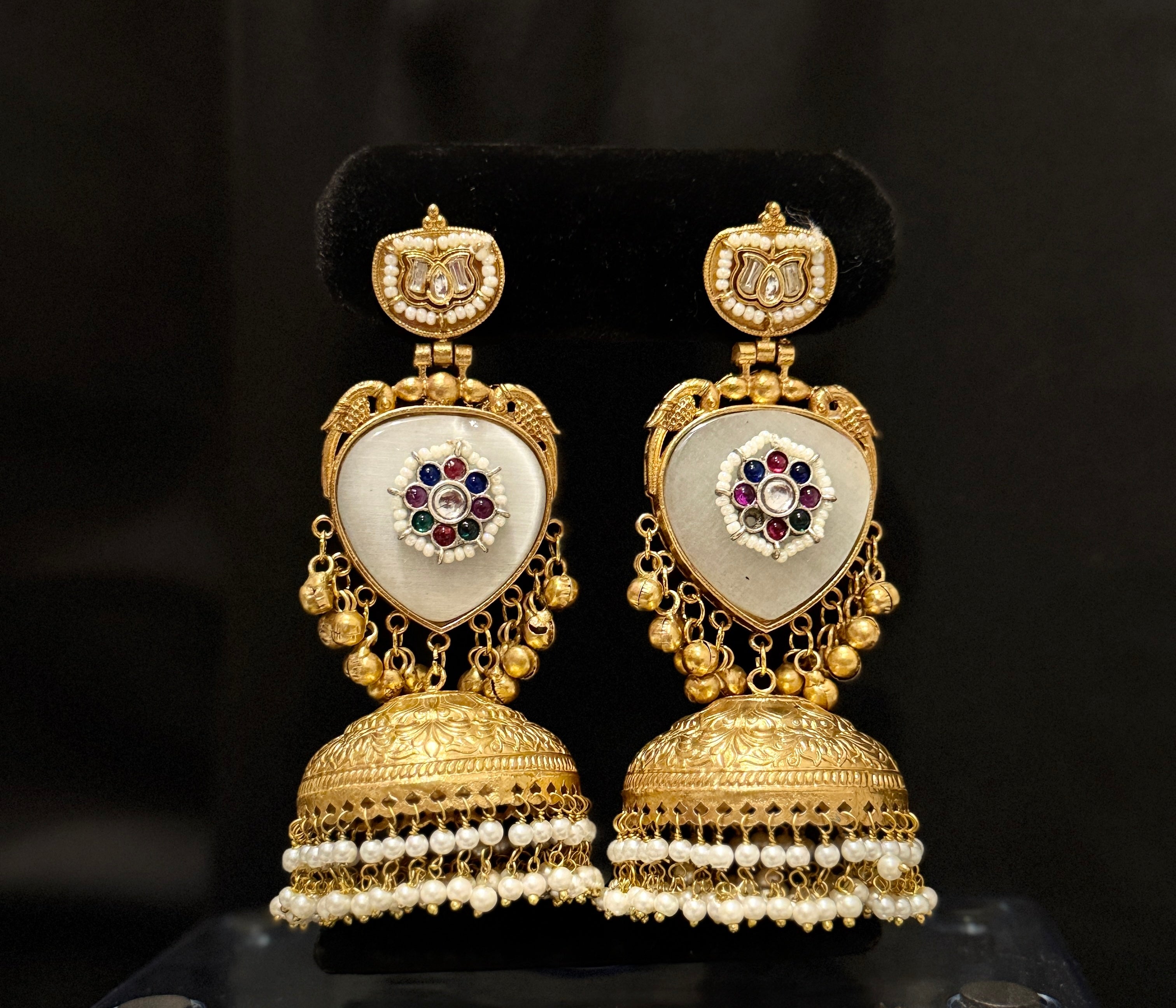 Gold-Plated Jhumka Earrings with Minakari Work & Pearl Detailing