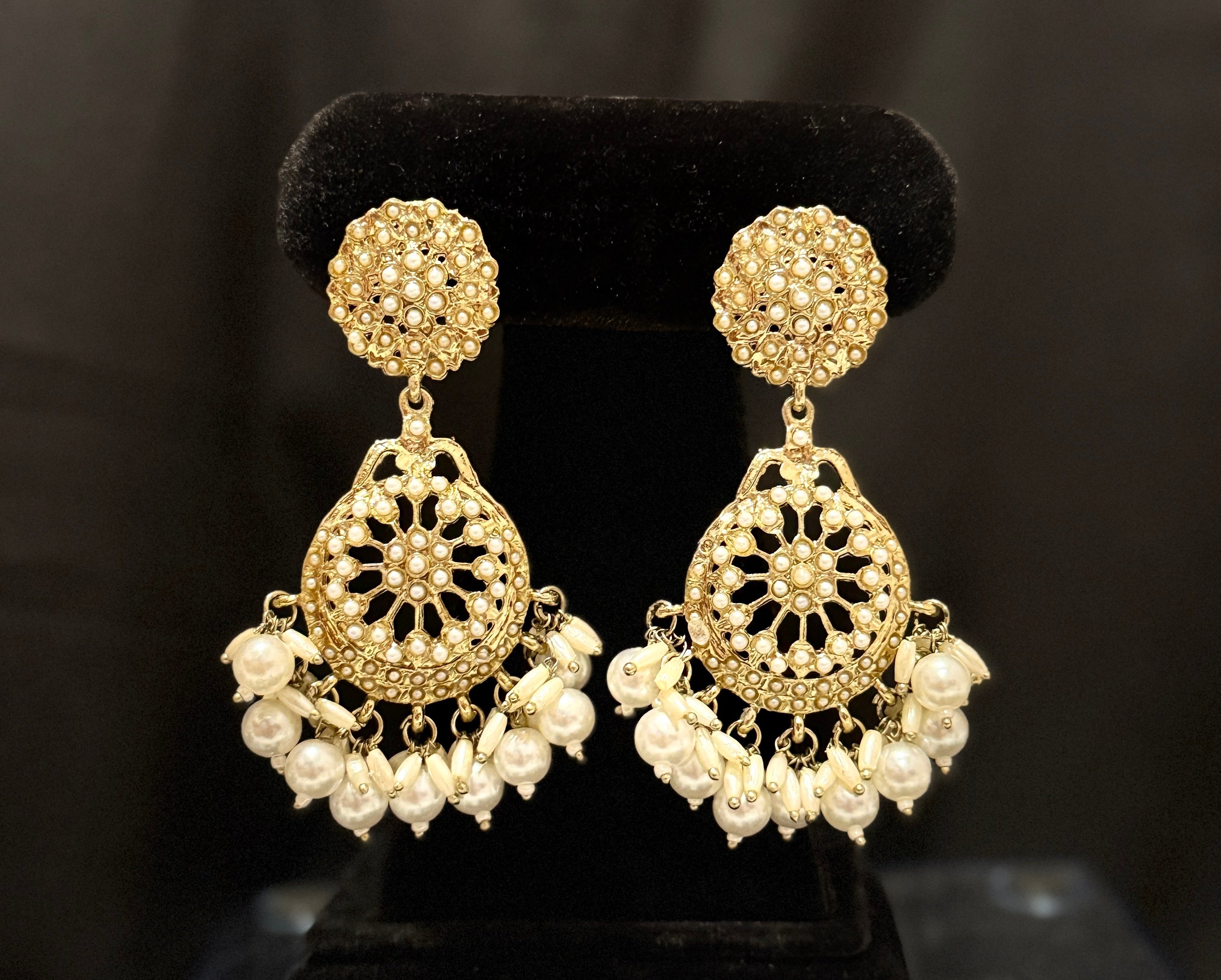 Gold Tone Kundan and Pearl Drop Jhumka Earrings