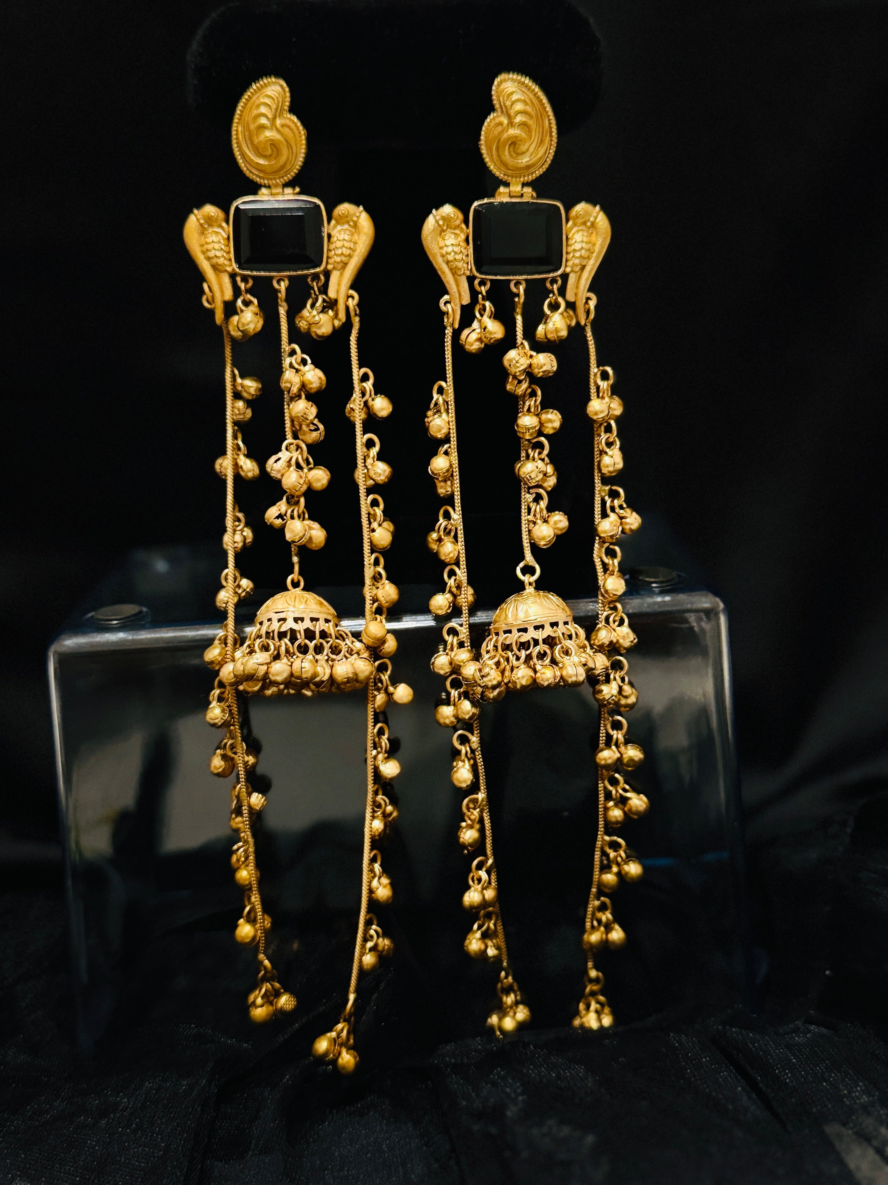 Antique Matte Gold Jhumka Earrings with Parrot Motif and Black Stone