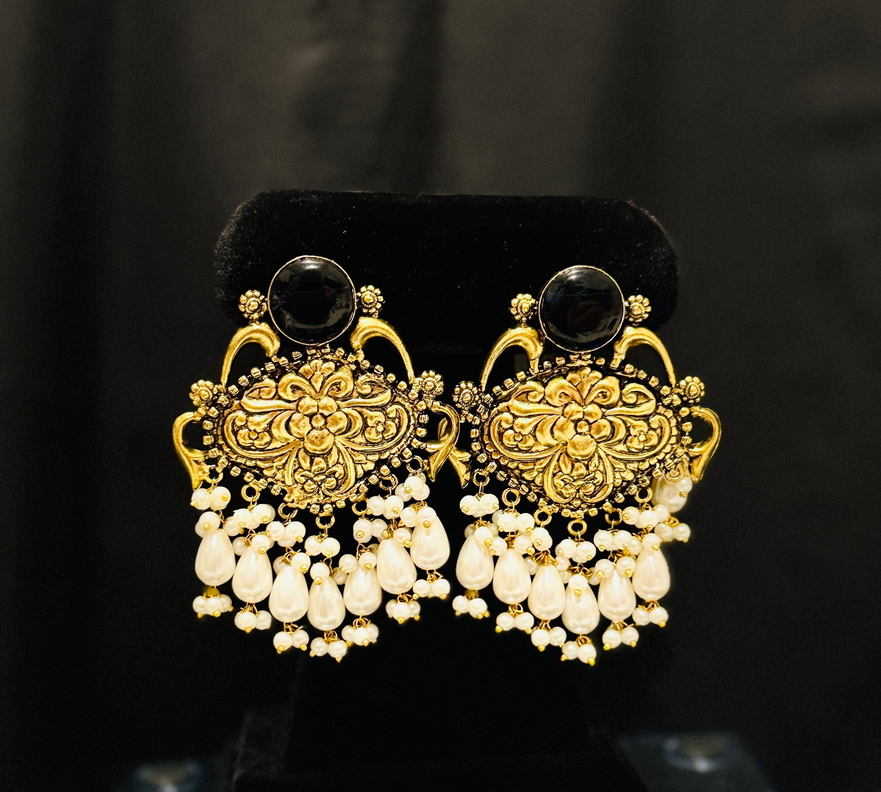 Royal Blue & Antique Gold Kundan Chandbali Earrings with Pearls