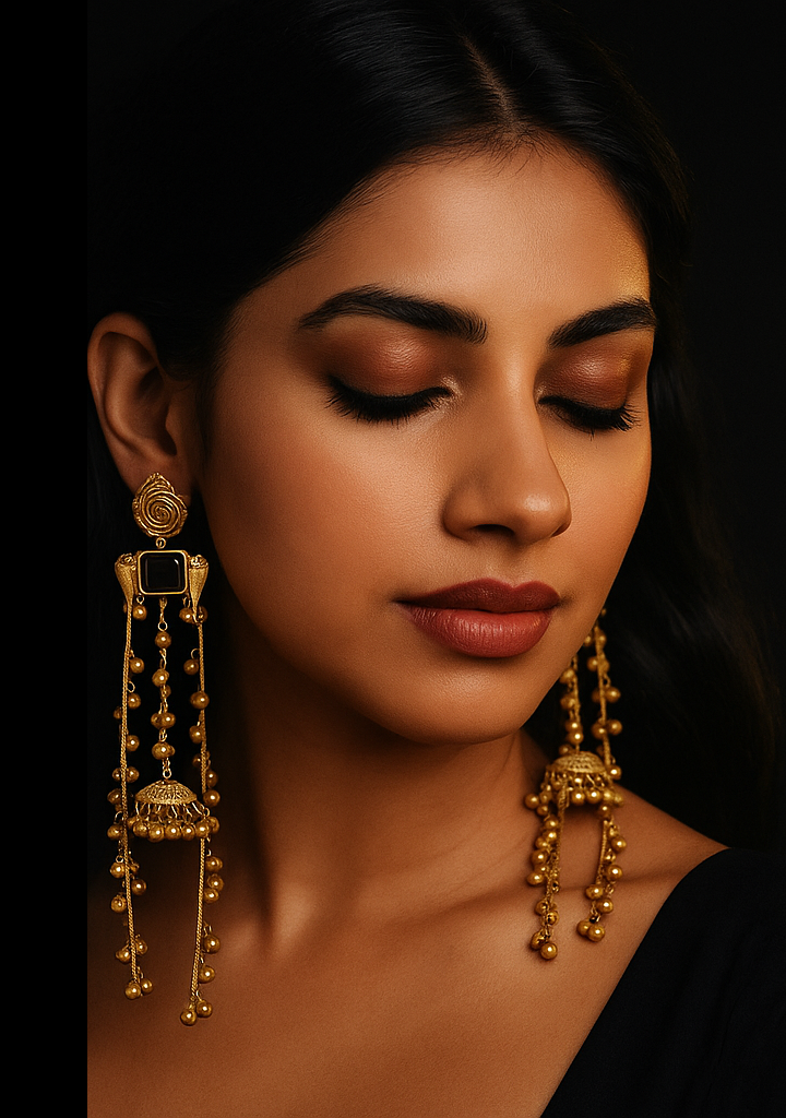 Antique Matte Gold Jhumka Earrings with Parrot Motif and Black Stone