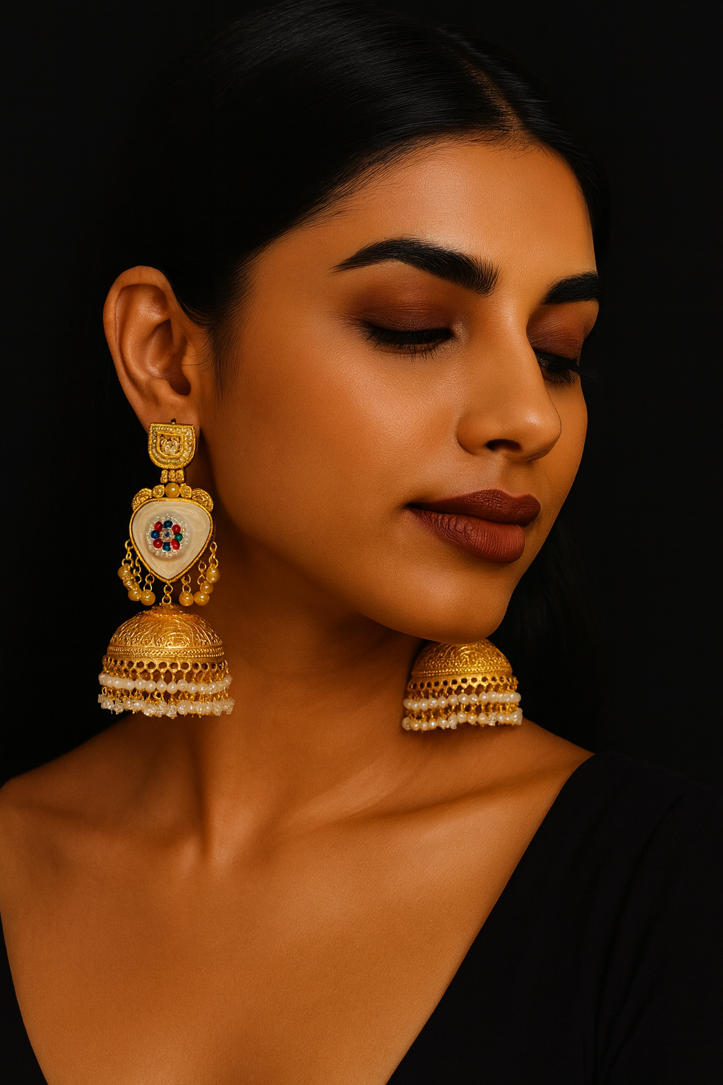 Gold-Plated Jhumka Earrings with Minakari Work & Pearl Detailing