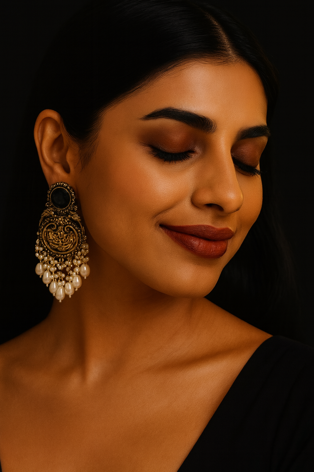Antique Gold Pearl Drop Chandbali Earrings