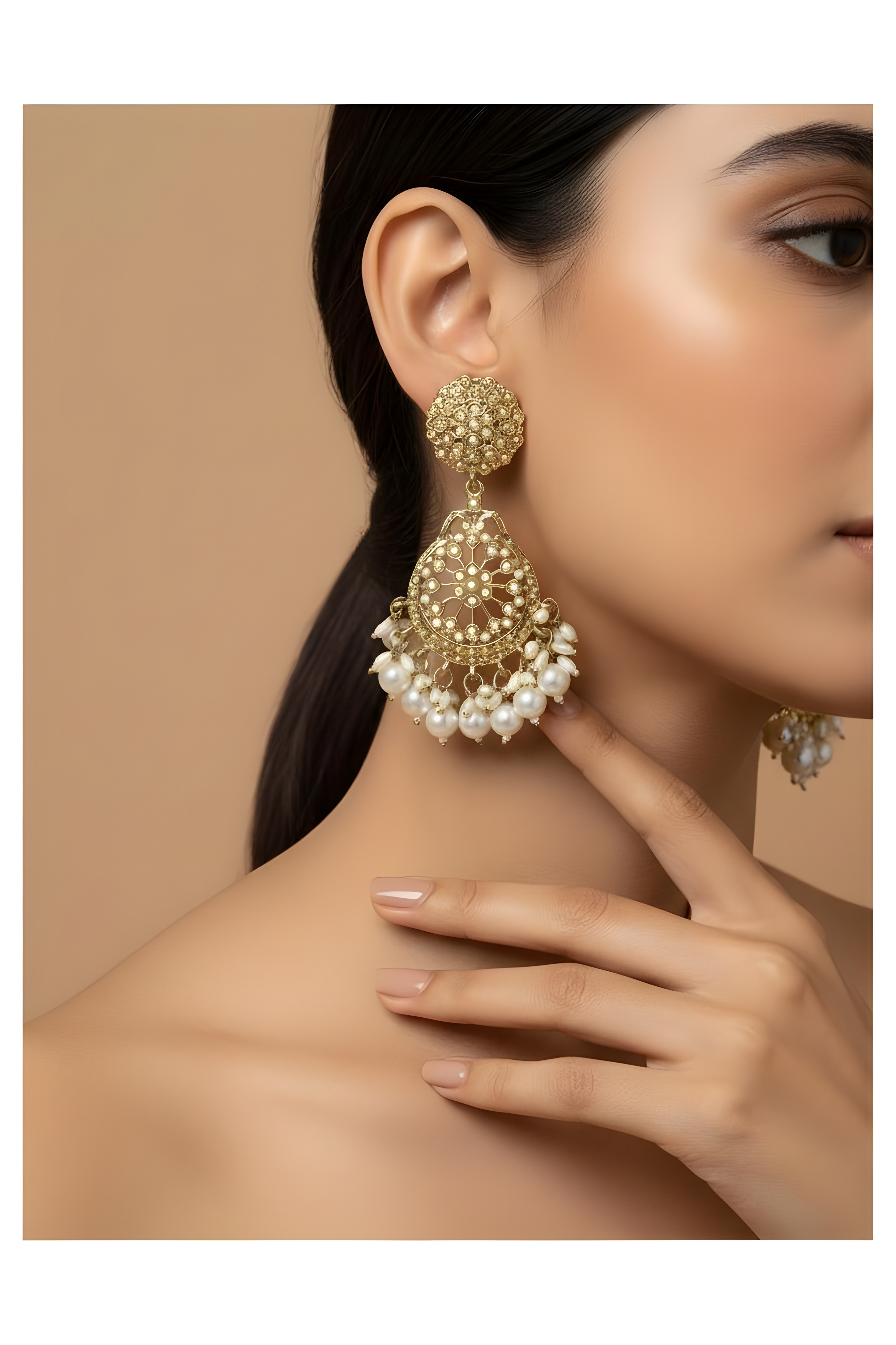 Gold Tone Kundan and Pearl Drop Jhumka Earrings