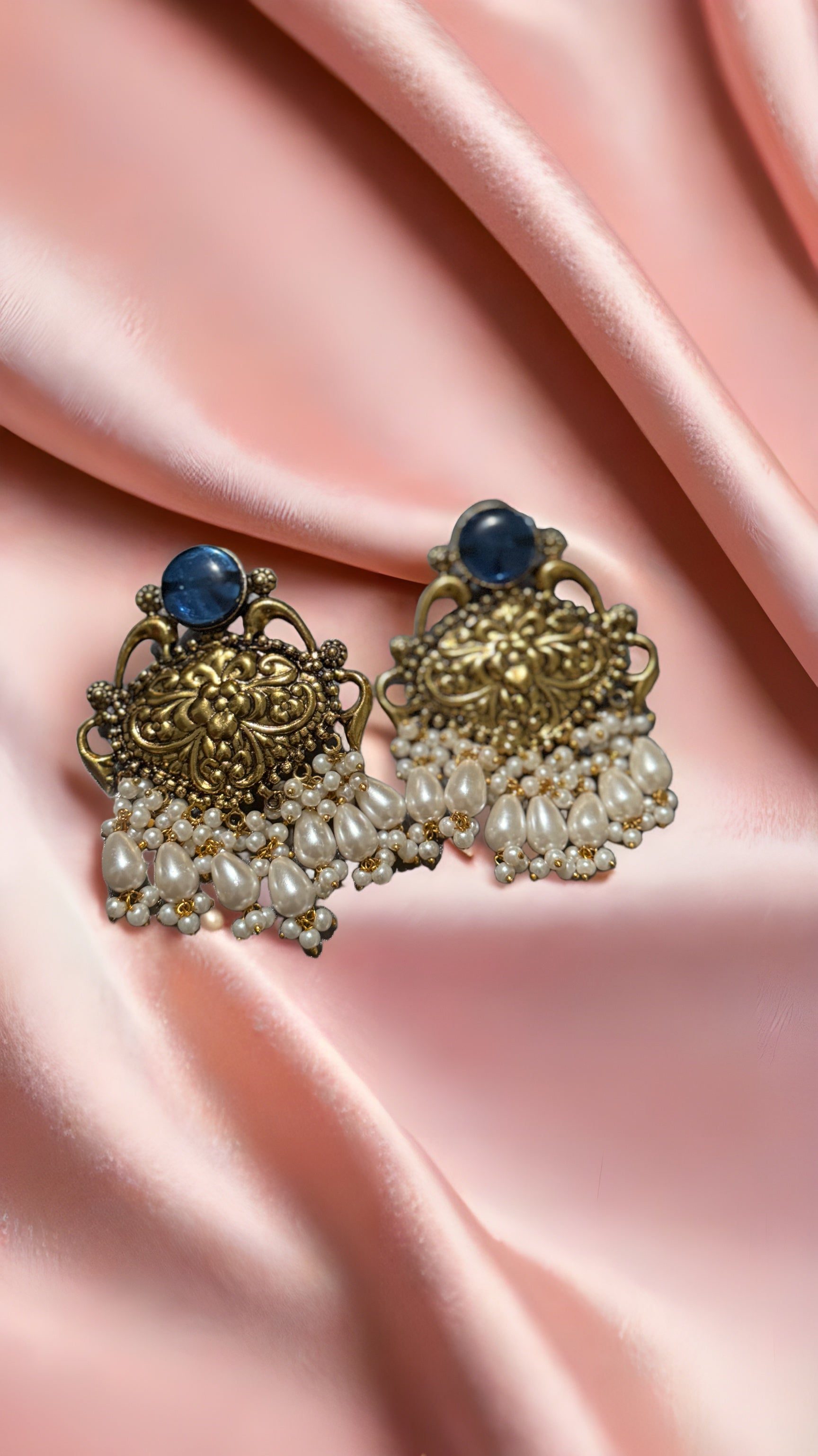 Royal Blue & Antique Gold Kundan Chandbali Earrings with Pearls